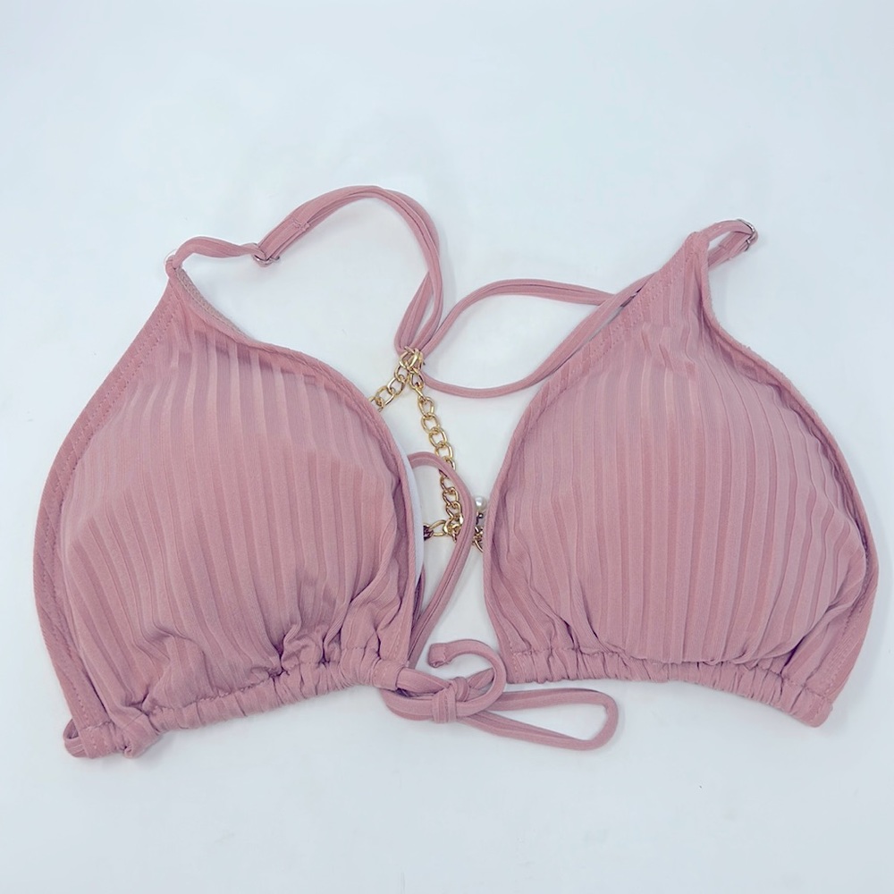 Pink Halter-Style Gold Chain Accent Bikini Swim Top Size 3XL Excellent Condition